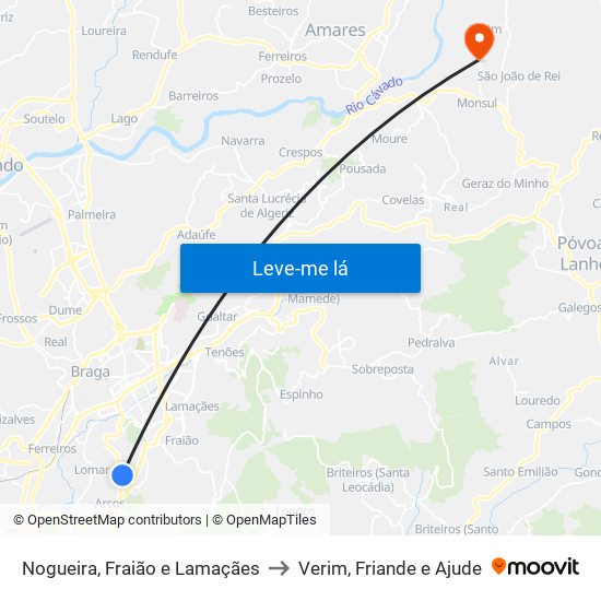 Nogueira, Fraião e Lamaçães to Verim, Friande e Ajude map