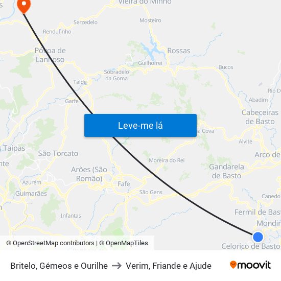 Britelo, Gémeos e Ourilhe to Verim, Friande e Ajude map
