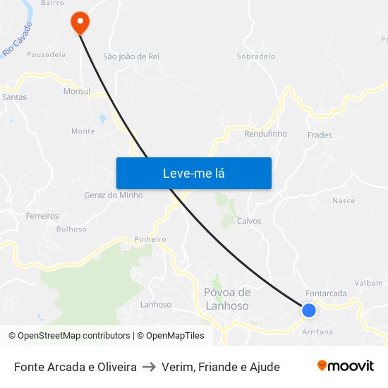 Fonte Arcada e Oliveira to Verim, Friande e Ajude map