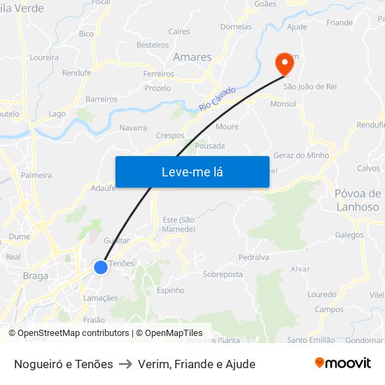 Nogueiró e Tenões to Verim, Friande e Ajude map