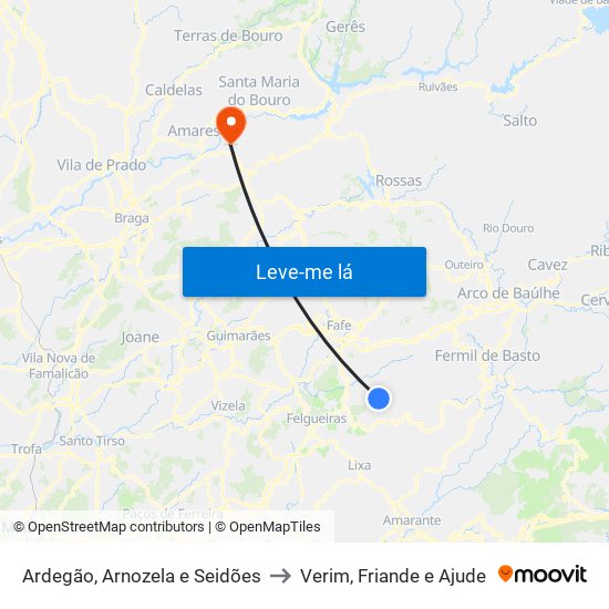 Ardegão, Arnozela e Seidões to Verim, Friande e Ajude map