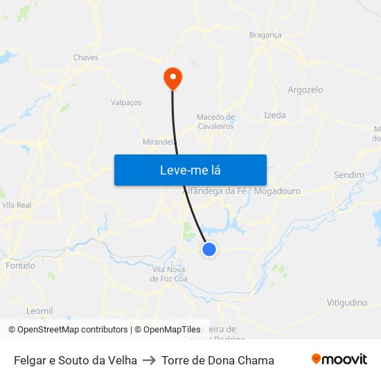 Felgar e Souto da Velha to Torre de Dona Chama map