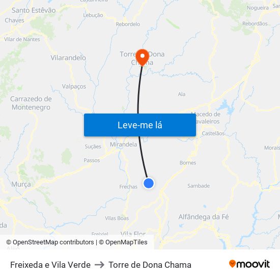 Freixeda e Vila Verde to Torre de Dona Chama map