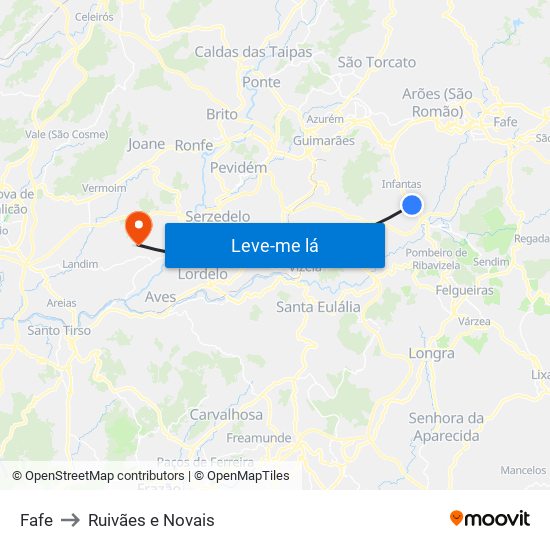 Fafe to Ruivães e Novais map