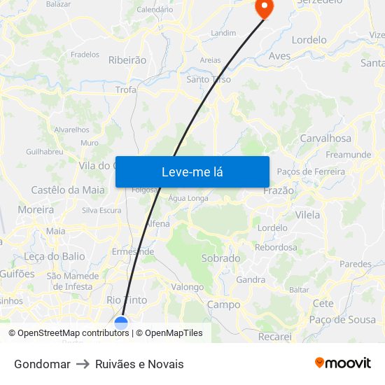 Gondomar to Ruivães e Novais map