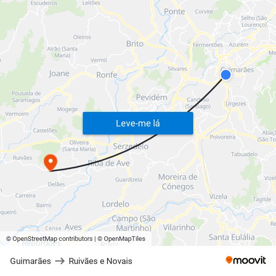 Guimarães to Ruivães e Novais map