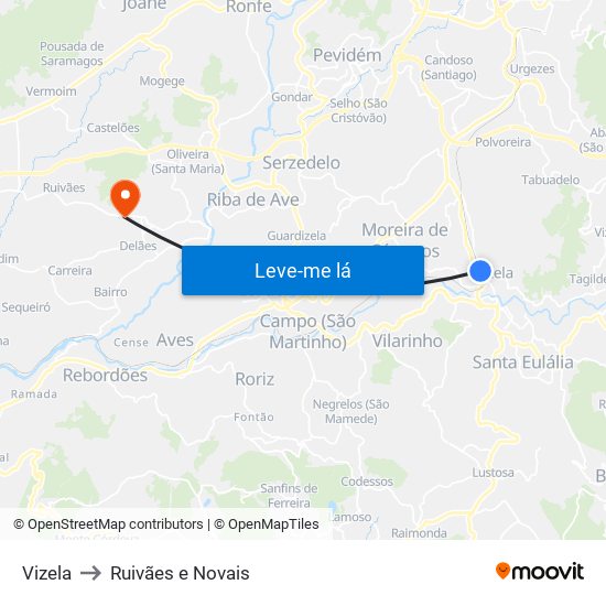 Vizela to Ruivães e Novais map