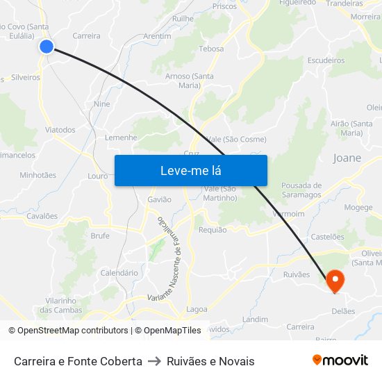 Carreira e Fonte Coberta to Ruivães e Novais map