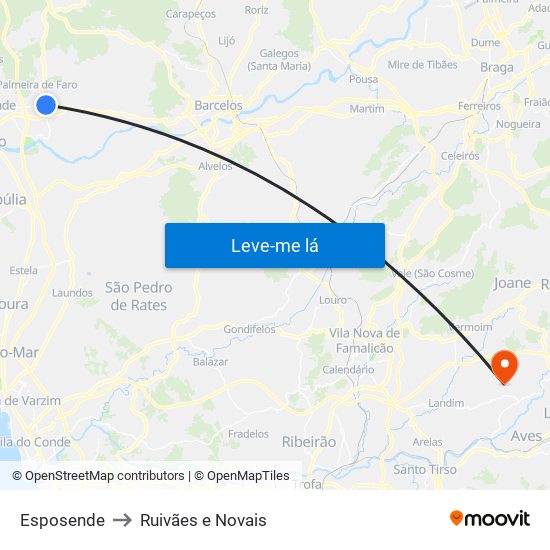 Esposende to Ruivães e Novais map