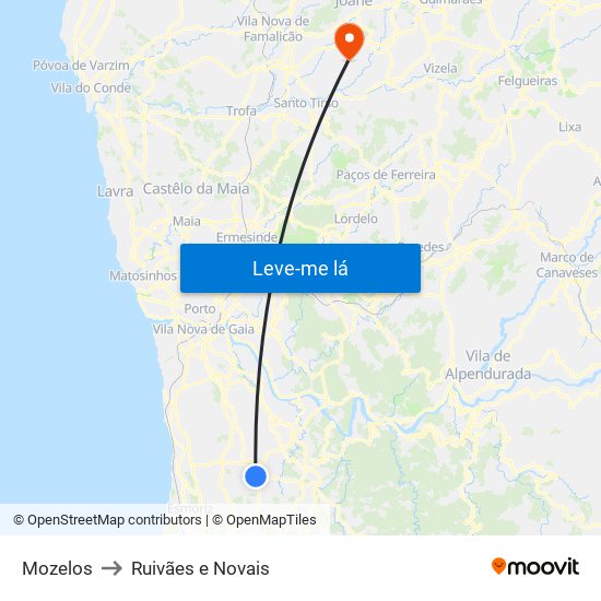 Mozelos to Ruivães e Novais map