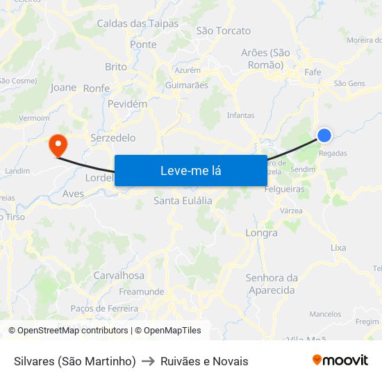 Silvares (São Martinho) to Ruivães e Novais map