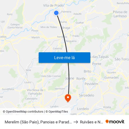 Merelim (São Paio), Panoias e Parada de Tibães to Ruivães e Novais map