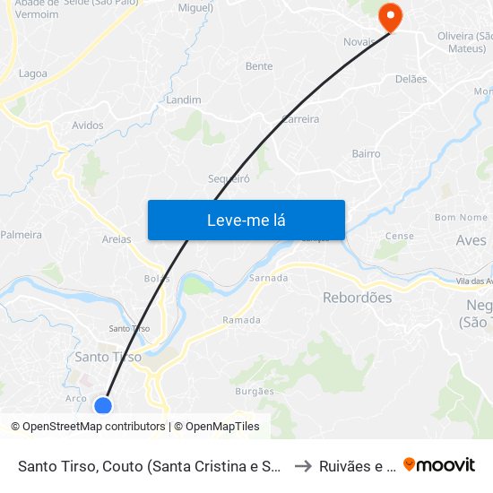 Santo Tirso, Couto (Santa Cristina e São Miguel) e Burgães to Ruivães e Novais map