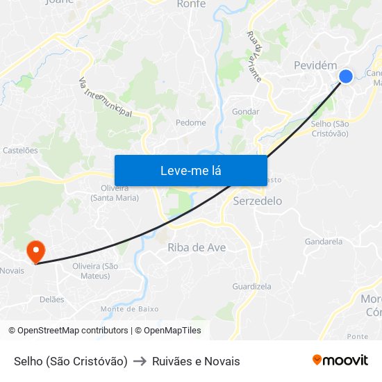 Selho (São Cristóvão) to Ruivães e Novais map