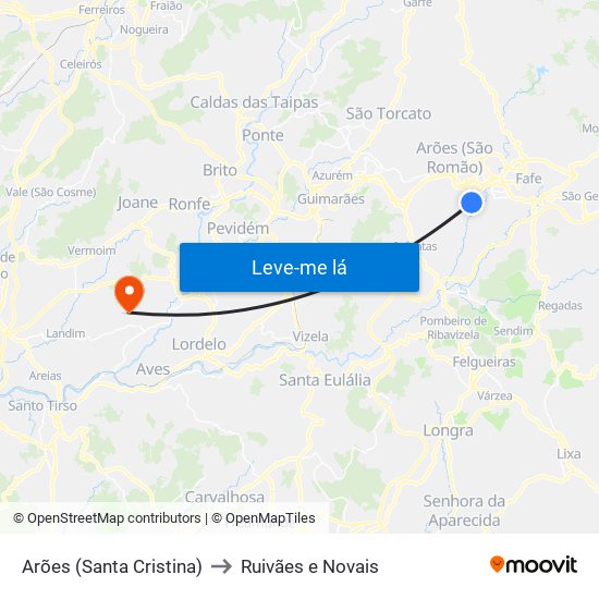 Arões (Santa Cristina) to Ruivães e Novais map