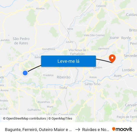 Bagunte, Ferreiró, Outeiro Maior e Parada to Ruivães e Novais map