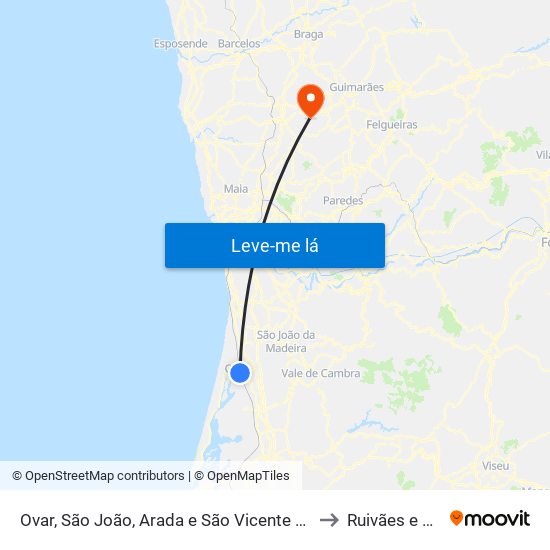 Ovar, São João, Arada e São Vicente de Pereira Jusã to Ruivães e Novais map