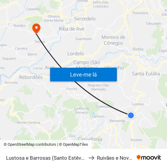 Lustosa e Barrosas (Santo Estêvão) to Ruivães e Novais map