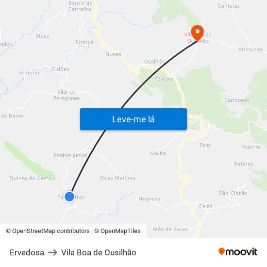 Ervedosa to Vila Boa de Ousilhão map