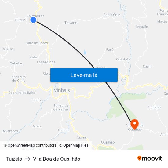 Tuizelo to Vila Boa de Ousilhão map