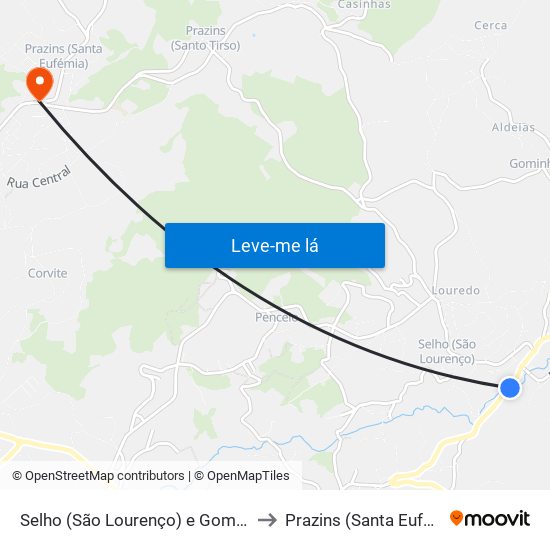 Selho (São Lourenço) e Gominhães to Prazins (Santa Eufémia) map