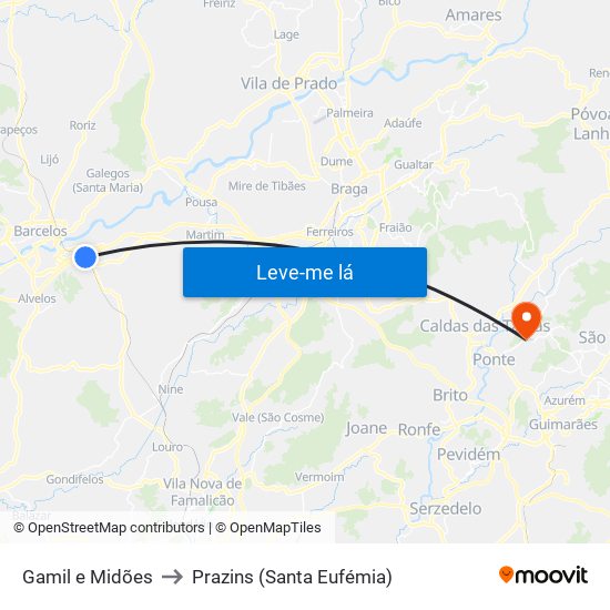 Gamil e Midões to Prazins (Santa Eufémia) map