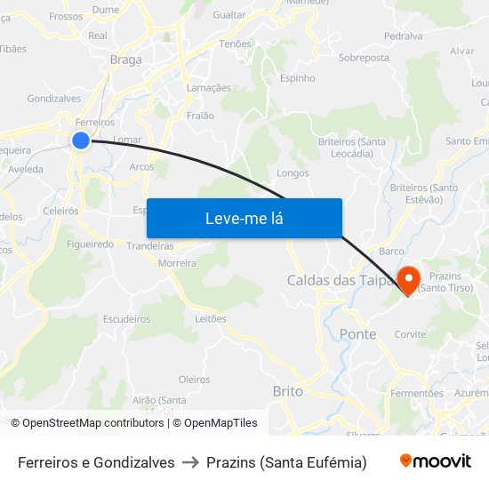 Ferreiros e Gondizalves to Prazins (Santa Eufémia) map