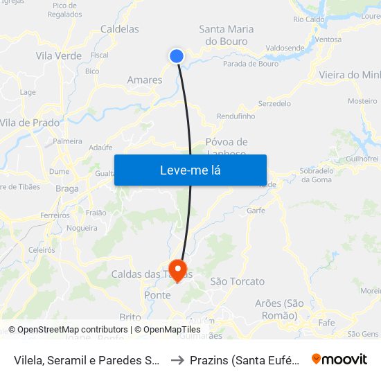 Vilela, Seramil e Paredes Secas to Prazins (Santa Eufémia) map