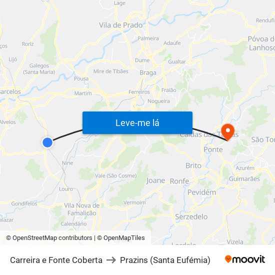 Carreira e Fonte Coberta to Prazins (Santa Eufémia) map