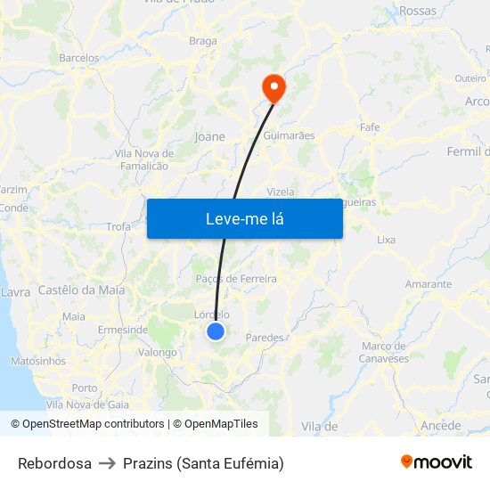 Rebordosa to Prazins (Santa Eufémia) map