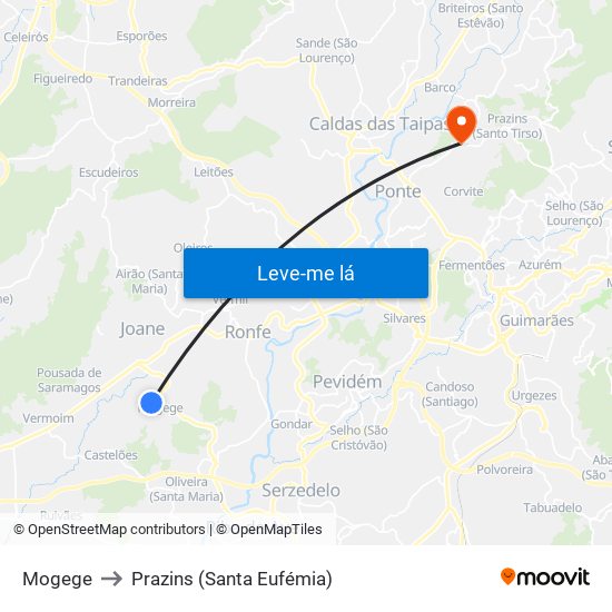 Mogege to Prazins (Santa Eufémia) map