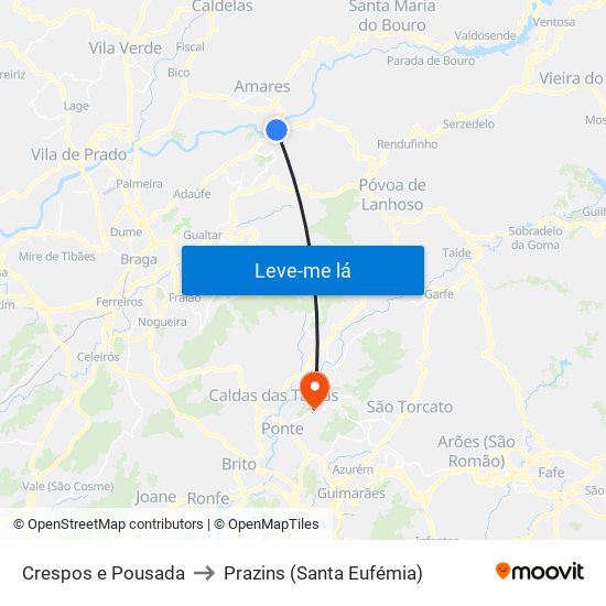 Crespos e Pousada to Prazins (Santa Eufémia) map