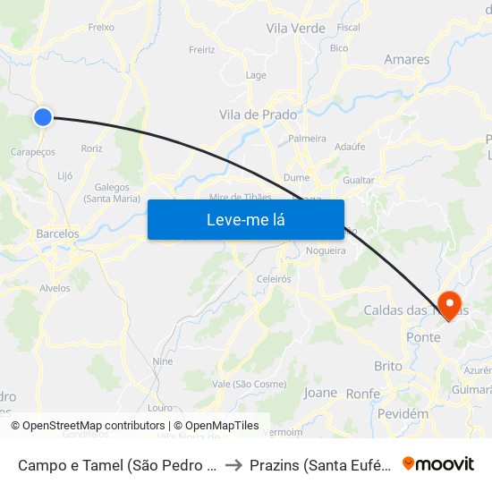 Campo e Tamel (São Pedro Fins) to Prazins (Santa Eufémia) map