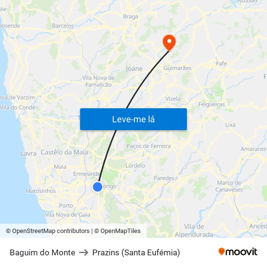 Baguim do Monte to Prazins (Santa Eufémia) map