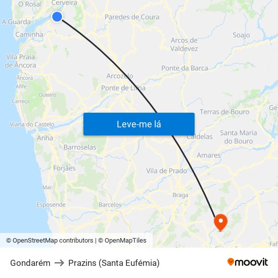 Gondarém to Prazins (Santa Eufémia) map