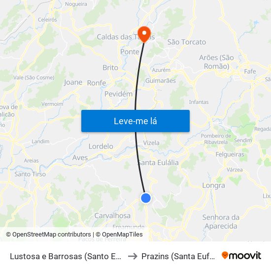 Lustosa e Barrosas (Santo Estêvão) to Prazins (Santa Eufémia) map