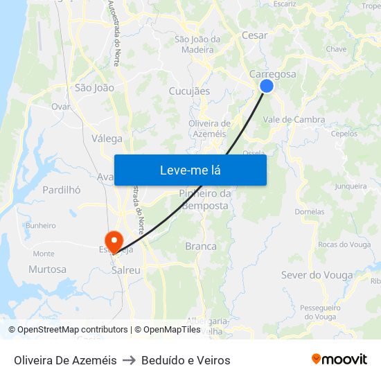 Oliveira De Azeméis to Beduído e Veiros map