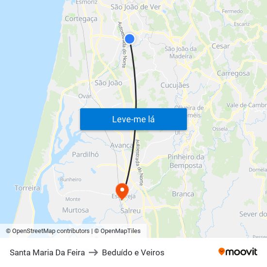 Santa Maria Da Feira to Beduído e Veiros map