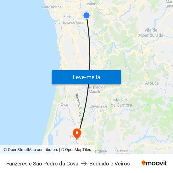 Fânzeres e São Pedro da Cova to Beduído e Veiros map