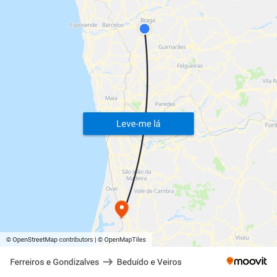 Ferreiros e Gondizalves to Beduído e Veiros map