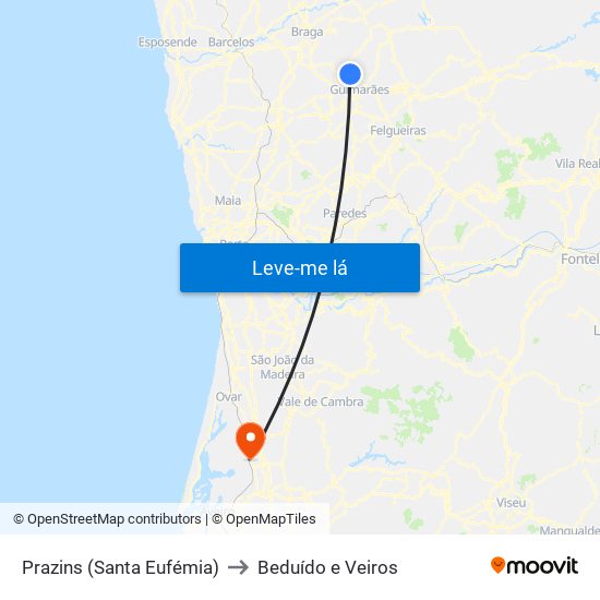 Prazins (Santa Eufémia) to Beduído e Veiros map