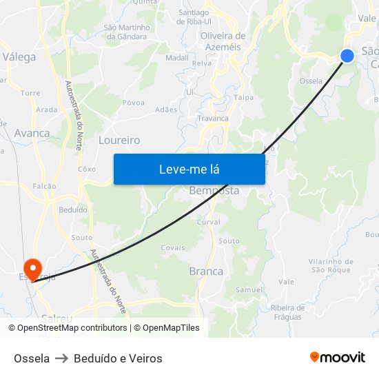 Ossela to Beduído e Veiros map