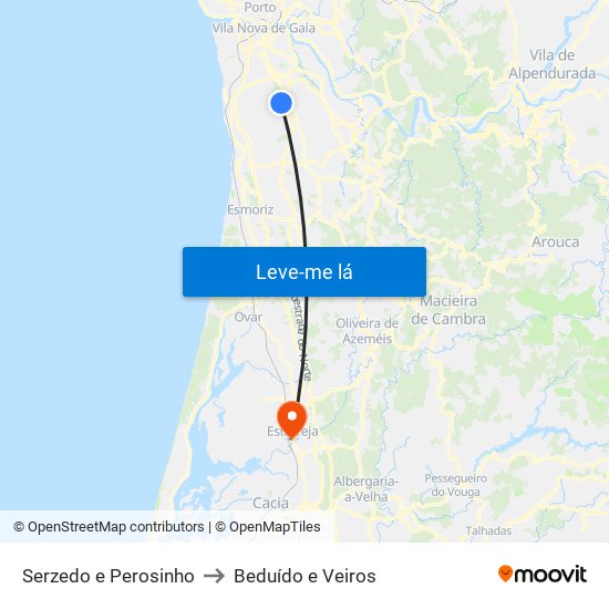 Serzedo e Perosinho to Beduído e Veiros map