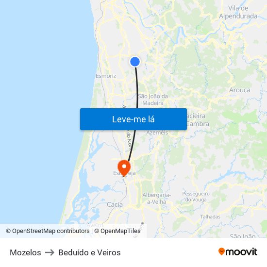 Mozelos to Beduído e Veiros map