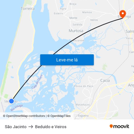 São Jacinto to Beduído e Veiros map