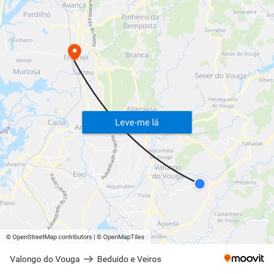 Valongo do Vouga to Beduído e Veiros map