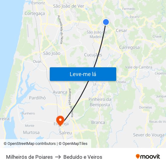 Milheirós de Poiares to Beduído e Veiros map