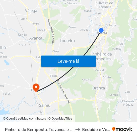 Pinheiro da Bemposta, Travanca e Palmaz to Beduído e Veiros map