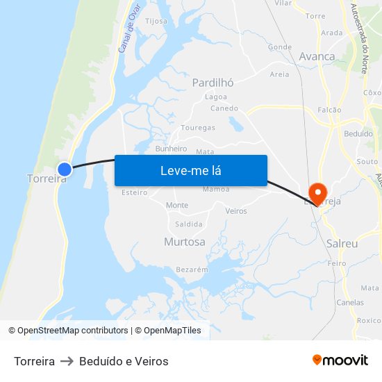 Torreira to Beduído e Veiros map