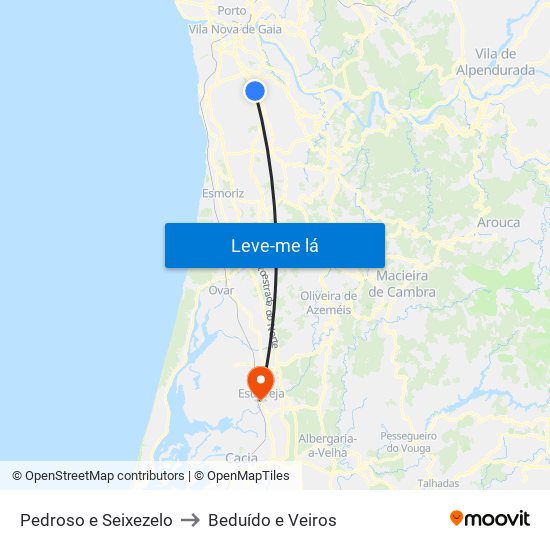 Pedroso e Seixezelo to Beduído e Veiros map